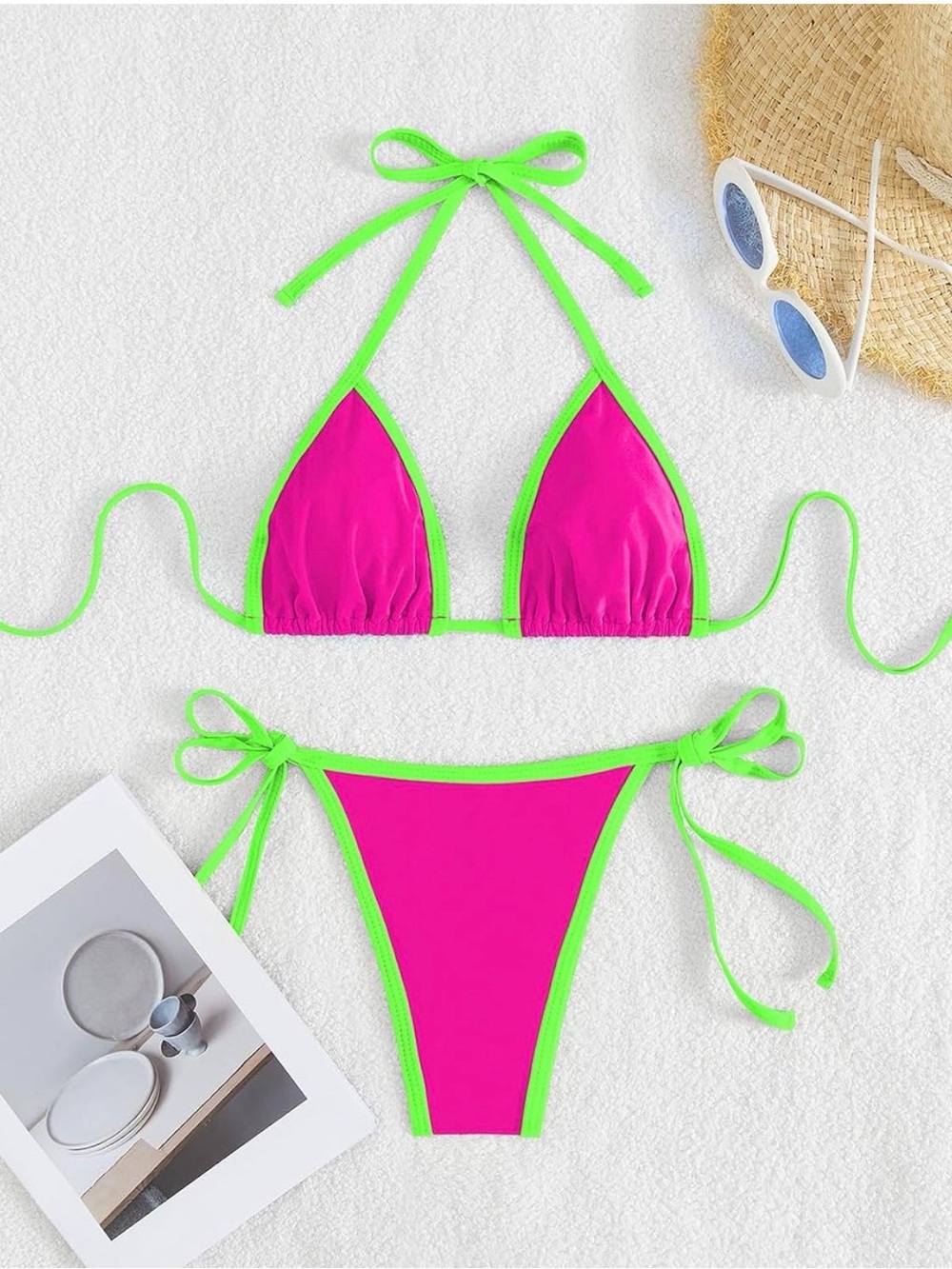 Amazon Neon Pink and Lime Green Tie Bikini - Women Swim
